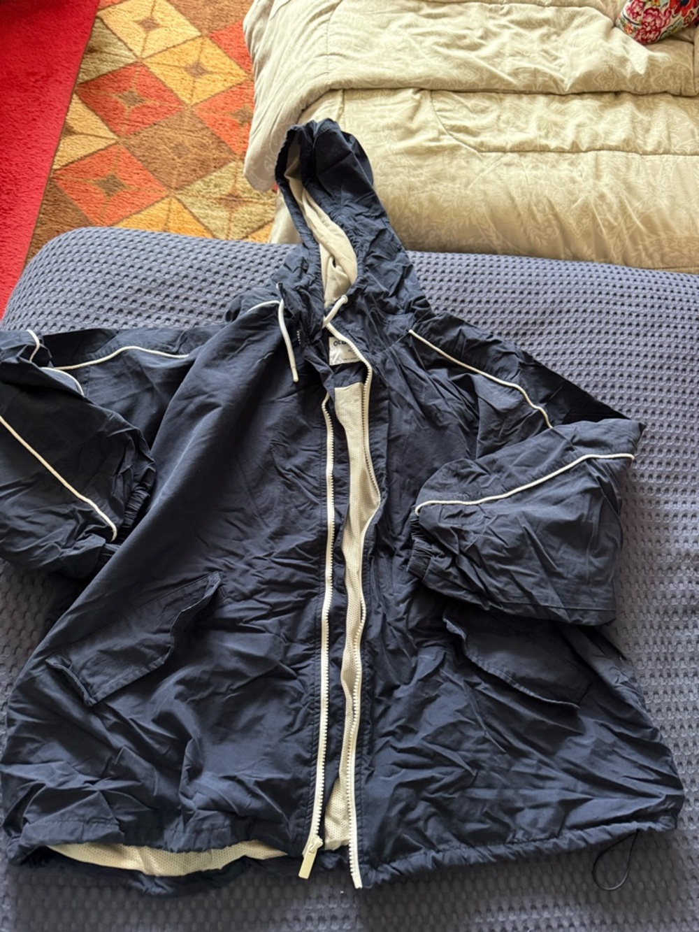 Old Navy Navy Blue Hooded Bomber Jacket with White Trim